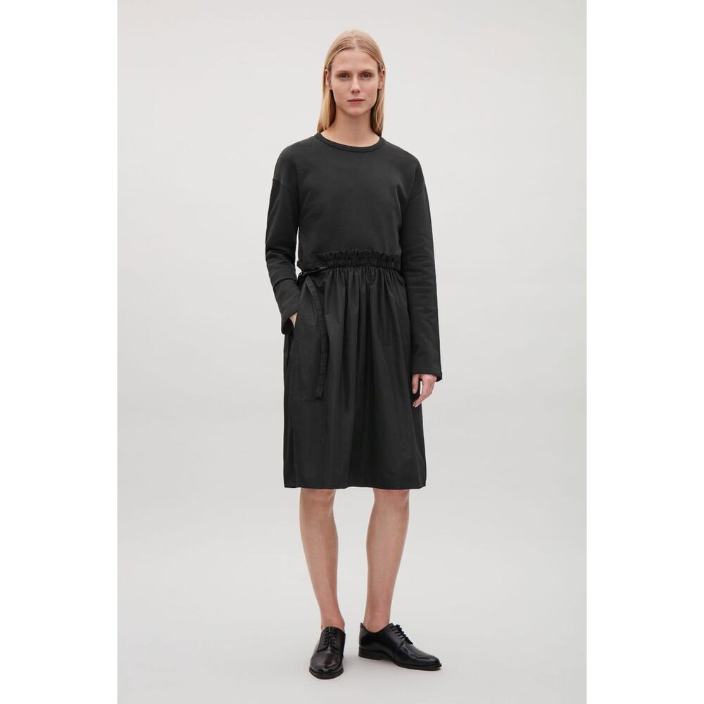 Cos Black Frill Waist Mixed‎ Media Drawstring Waist Knee Length Dress